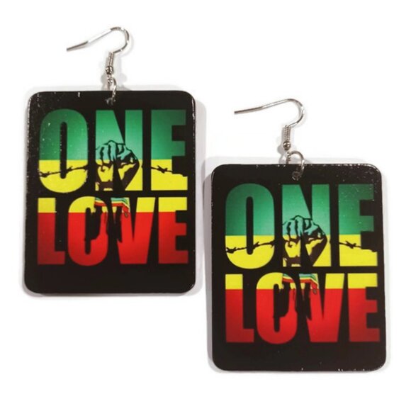 ONE LOVE Power Fist GYR Rectangle Statement Dangle Wood Earrings - Picture 1 of 5